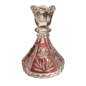 BLEIKRISTALL CANDLE HOLDER ANNA HUTTE CRYSTAL CUT BACK FLOWERS CRANBERRY…